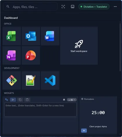 Kompaktes Celerando-Dashboard mit Widget-Kacheln: Übersetzer, QR-Code, Pomodoro und Server-Status