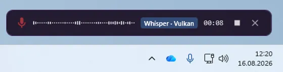 Celerando-Aufnahme-Overlay mit Live-Wellenform, Whisper-Engine und Dauer über der Windows-Taskleiste